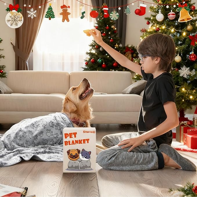 Stuffed Premium Soft Dog Blanket, with Flannel Grey Cute Paw Print, 43 * 66 inches, Cat Blanket Puppy Supplies Dog Products Stuff Essentials