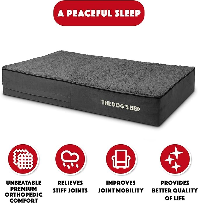 The Dog’s Bed Orthopedic Memory Foam Dog Bed, Large Grey Plush, Pain Relief for Arthritis, Hip & Elbow Dysplasia, Post Surgery, Lameness, Supportive, Calming, Waterproof Washable Cover