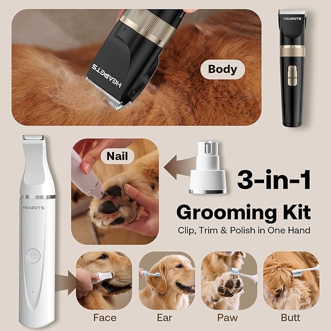 Dog Hair Clippers for Grooming Kit and Dog Paw Trimmer Nail Grinder for Grooming, Low Noise Rechargeable Cordless, Shaver Grooming Supplies for Pet Cats Dogs (Black, White)
