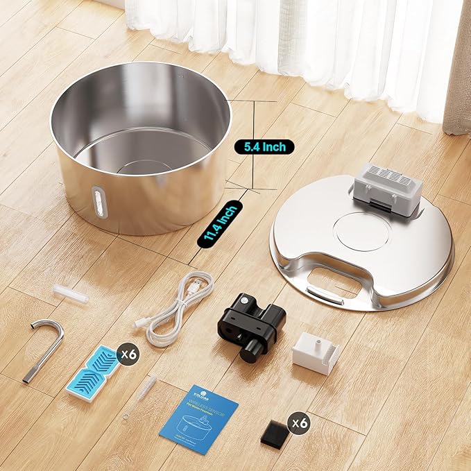 Dog Water Fountain,Wireless Stainless Steel Dog Fountain for Small to Large Dogs,1.8Gal/7L Battery Operated Cat Water Fountain,Water Level Window,Quiet Pump,Multi-Filtration,Easy Clean,6 Filter