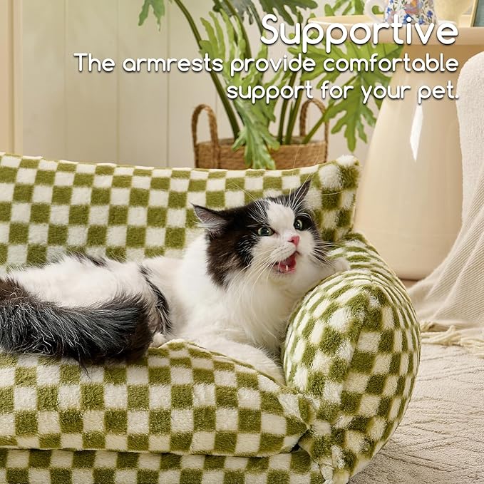 Hollypet Cat Bed Fluffy Plush Mutifuctional Double-Layer Soft Pet Couch Orthopedic Sofa Nest Beds for Small Cats and Dogs, Green and White (25x20x13 inch)