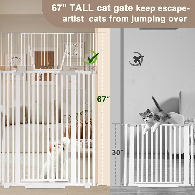 67" High Extra Tall Cat Gate for Doorway, 29.5-49.21" Extra Wide Pet Gate Pressure Mounted Baby Gates for Dogs Pets, Easy Walk Through Cat Proof Gate(White)