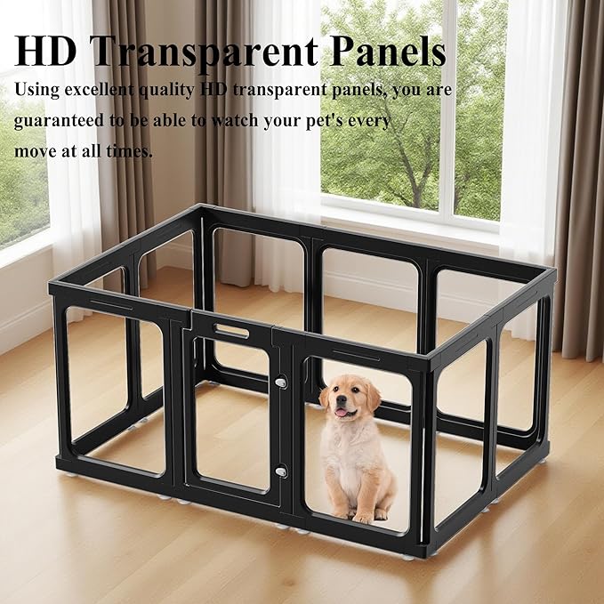 Clear Acrylic Dog Playpen with Door, for Puppy Rabbit Transparent Pet Pen, Black Dog Playpen Indoor, Dog Fence, Easy Assemble & Cleaning Dog Pen for Small & Medium Dogs (23.6“ Height, 14PCS)
