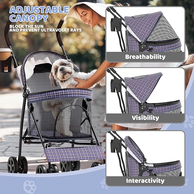Magshion Compact Pet Stroller for Small-Medium Dogs/Cats up to 22lbs, 4-Wheel Lightweight Umbrella Shaped Portable Puppy Travel Jogger with Breathable Mesh, Cup Holder & Rear Storage, Plaid