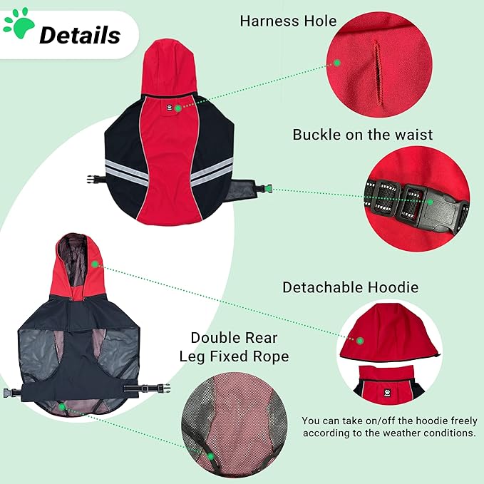 Dog Raincoat for Medium Large Extra Large Dogs, Waterproof Rain Jacket with Reflective Strap, Lightweight Hoodies Full-Body Coverage Dry Clothes (S, Red)