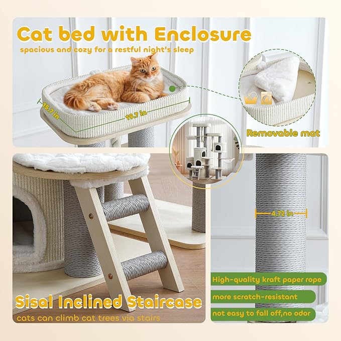 69'' Modern Cat Tree,Multi-Level Wood Large Cat Tower with Condo,Hammocks,Tall Cat Tree with Sisal Posts,Ladder,Removable Mats,Luxury Heavy Duty Tree Tower for Indoor Large Cats