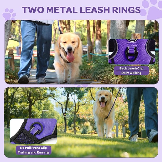 FURRYFECTION Dog Harness | No Pull Dog Harness | Reflective Oxford | Padded Handle | 4 Adjustable Straps | 2 Leash Clips | No Choke Pet Vest Harness for Small Medium Large Dogs | Purple | M