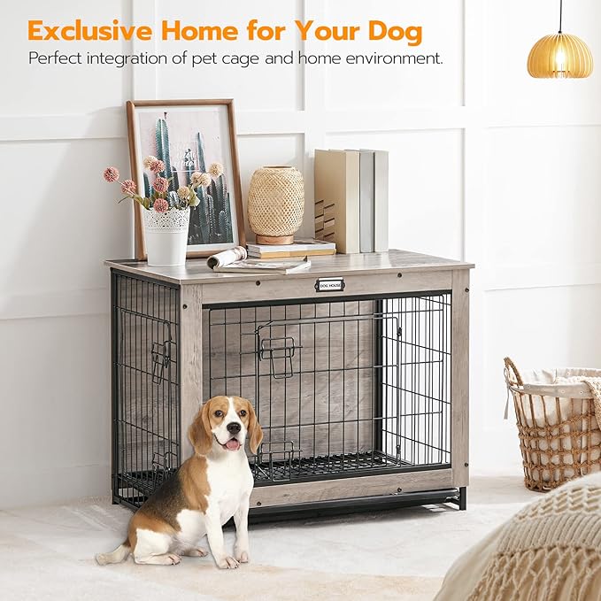 HOOBRO Dog Crate Furniture, 32.5" Medium Dog Kennel Indoor, Wooden Cage with Pull-Out Tray, Double Doors Pet House Side End Table for Medium/Small Dogs, Greige BG802GW03