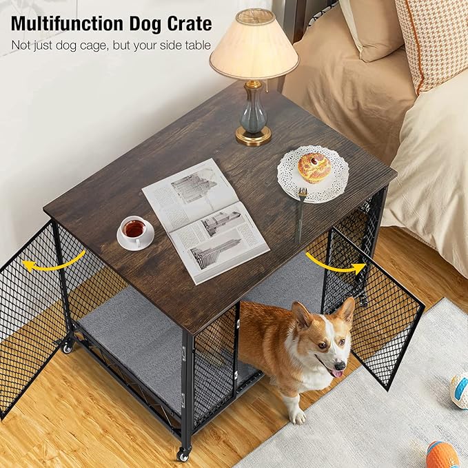 Aivituvin Dog Crate Furniture Movable Side End Table Indoor Dog Kennel for Small Medium Large Dogs Double-Doors Wooden Dog House with Cushion, Tray, Wire Floor(38.6")