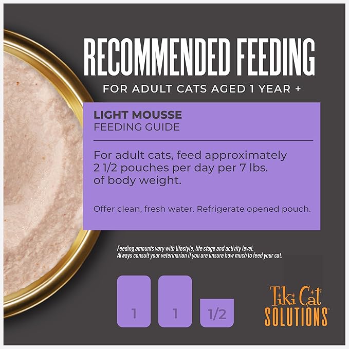 Tiki Cat Solutions Light Mousse, Chicken, Turkey & Pumpkin, Formulated to Support Healthy Trim and Fit, Functional Wet Cat for Adult Cats, 2.4 oz. Pouch (12 Count)