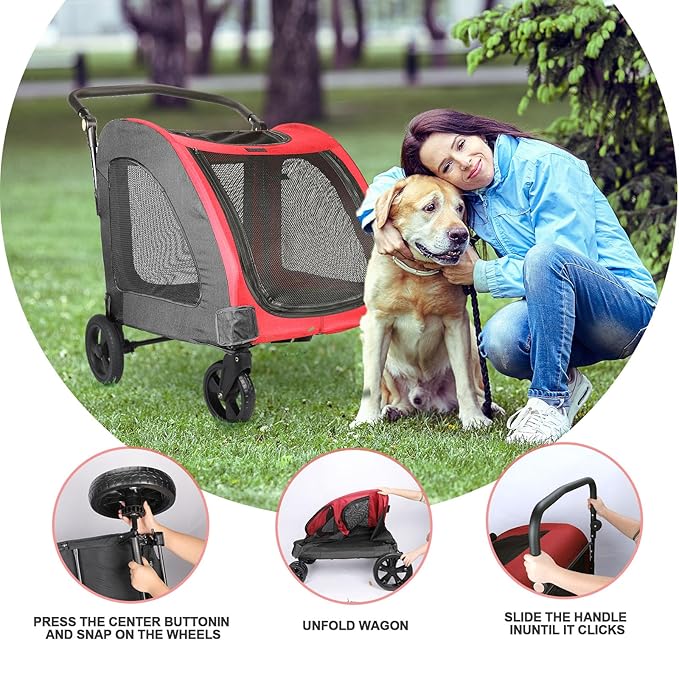 Dog Stroller with 4 Wheels, Folding Cat Strolling for Small/Medium/Large Dogs & Cats to 120 lbs, pet Stroller with Removable Carrier, Storage Basket,Cup Holder (Black Red)