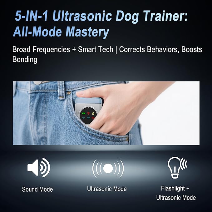 Dog Bark Deterrent Device-2X High-Power Emitters | Anti Barking with 5 Training Modes, 50ft Range, 1500mAh Battery, LED Display, Shock Collar Alternative, Safe Ultrasonic Bark Shield for Dogs (Blue)