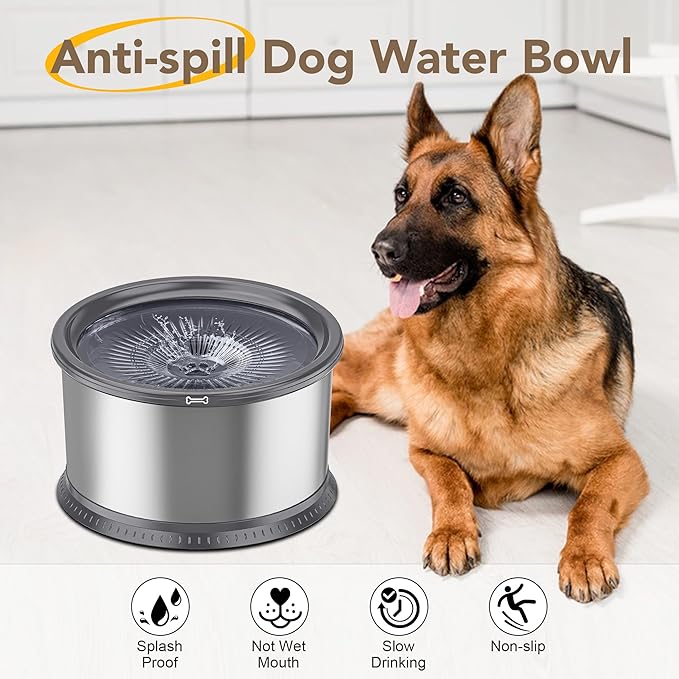4.5L/1.2Gal Dog Water Bowl, No Spill Stainless Steel Slow Water Bowl for Medium Large Dogs, Large Capacity Splash Proof Slow Drinking Water Bowls with Anti-Slip Mat for Mess Drinkers, Gray