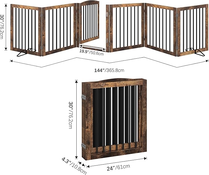 Vantas Folding Pet Gate 144" Wide, 30" Tall No-Assembly Wooden Dog Gate with Door Walk Through, Freestanding Pet Gate, Puppy Safety Fence, with 2PCS Support - Rustic Brown