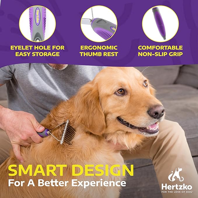 Hertzko Grooming Dematting Comb for Dogs and Cats - Stainless Steel Undercoat Rake for Shedding and Tangled Fur - Ergonomic Handle - Grooming Tool for All Coat Types