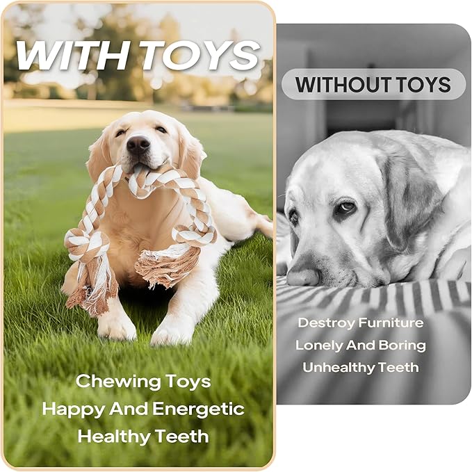 PetiFine Dog Rope Toys for Large/Medium Dogs, Chew Toys for Aggressive Chewers, Natural Cotton 3 Knots Interactive Tug of War Dog Pull Rope, Teeth Cleaning