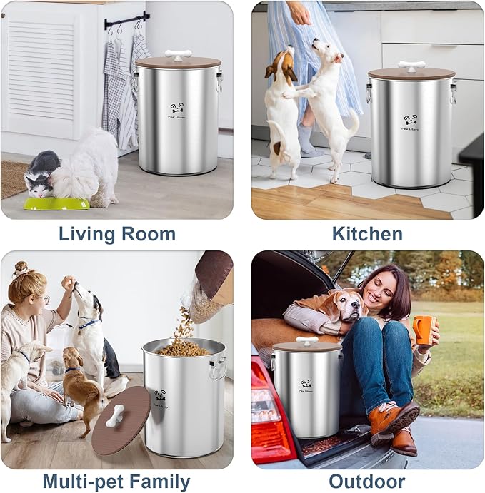 2PK 25 Lbs total 50 Lbs Stainless Steel Dog Food Storage Container with Airtight Wooden Lid & Ceramic Bone Handle, Large Metal Dog Food Bin for Dogs & Cats, Keep Fresh, Easy to Clean
