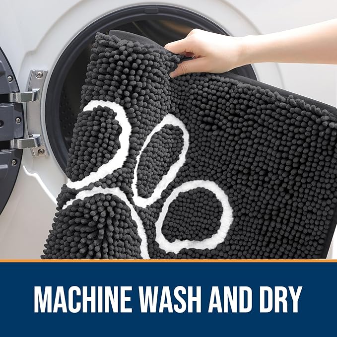 OLANLY Dog Door Mat for Muddy Paws 70x24, Paw Print Design, Absorbs Moisture and Dirt, Absorbent Non-Slip Washable Doormat, Quick Dry Chenille Mud Mat for Dogs, Entry Indoor Entryway Carpet, Dark Grey