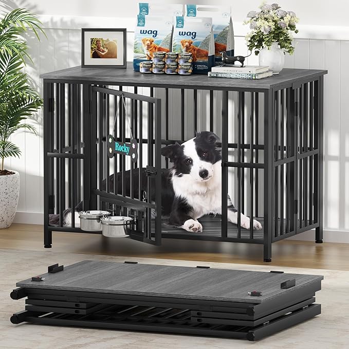 Easycom 41" Dog Crate Furniture Foldable, No Assembly Decorative Dog Kennel Indoor, Dog Crates for Large Dogs(35-60 lb), Wooden Dog Cage with Adjustable Bowls and Name Tag, End Table, Dark Grey