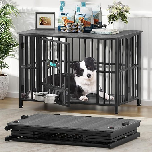 Easycom 41" Dog Crate Furniture Foldable, No Assembly Decorative Dog Kennel Indoor, Dog Crates for Large Dogs(35-60 lb), Wooden Dog Cage with Adjustable Bowls and Name Tag, End Table, Dark Grey
