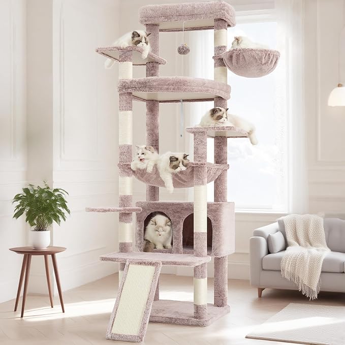 Heybly Tall Cat Tree for Large Cat, 80-inch Multi-Level Cat Tower for Indoor Cats with Large Baseboard, Condo Furniture with 2 Widened Plush Perches,Scratching Board and Big Caves, Muchroom HCT038MU