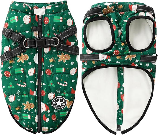 Aiboria Dog Jackets for Winter Windproof Waterproof Vest Fleece Warm Dogs Coat with Belt Christmas Green XXL