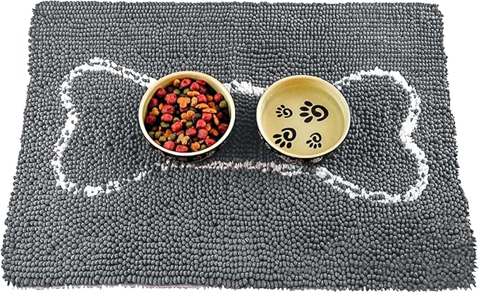 Soggy Doggy Slopmat - Water Absorbing Door Mat for Food and Water - Microfiber Chenille Rug for Muddy Paws and Messy Eaters - Machine Washable (Gray/Light Gray Bone, 18” x 24″)