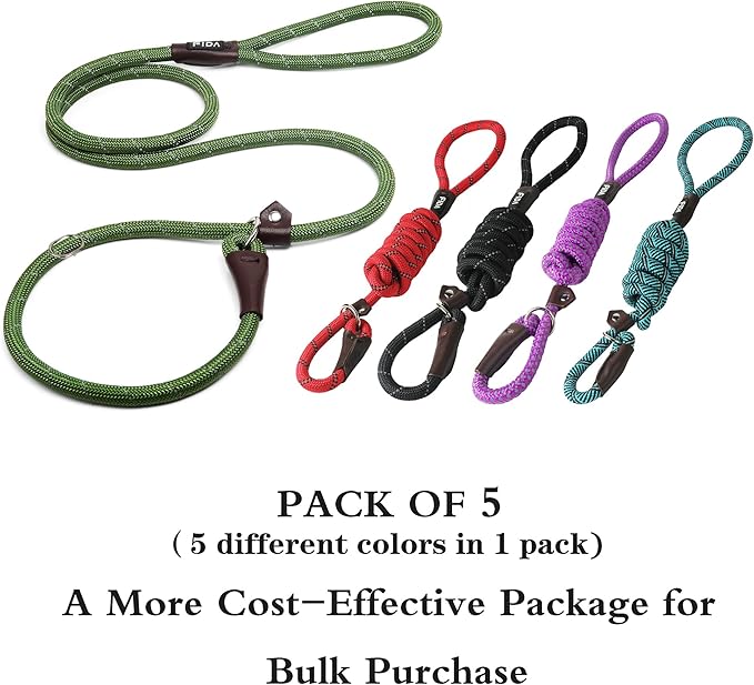 Fida Durable Slip Lead Bulk Pack of 5, Heavy Duty 1/2" x 6 FT Comfortable Strong Rope Slip Lead for Large, Medium & Small Dogs, No Pulling Pet Training Leash with Highly Reflective (Mixed)