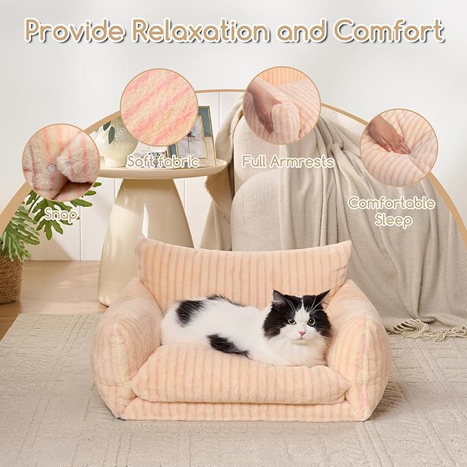 Hollypet Cat Bed Fluffy Plush Mutifuctional Double-Layer Soft Pet Couch Orthopedic Sofa Nest Beds for Small Cats and Dogs, Pink Stripes (25x20x13 inch)