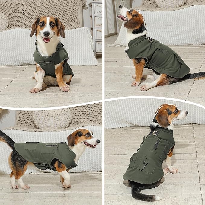 Workwear Style Dog Coats with Harness Built in for Small Dogs Windproof Warm Puppy Jacket with Storage Pockets for Cold Winter,Green XXL