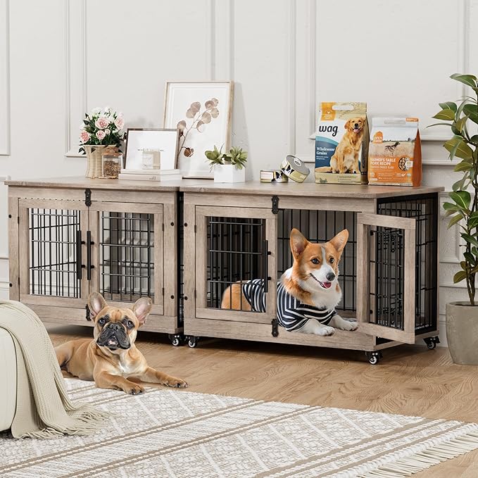 Dog Crate Furniture with Cushion Set of 2, Wooden Dog Kennel Indoor with Wheels & Double Doors, Dog Cage Side End Table for Medium Small Dogs up to 45 lb, 32.5” L, Grey