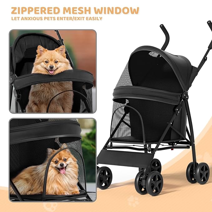 Magshion Compact Pet Stroller for Small-Medium Dogs/Cats up to 22lbs, 4-Wheel Lightweight Umbrella Shaped Portable Puppy Travel Jogger with Breathable Mesh, Cup Holder & Rear Storage, Black