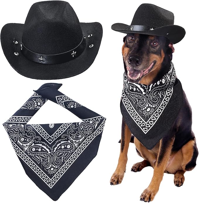Yewong Pet Cowboy Costume Accessories - Dog Cat Pet Size Cowboy Hat and Bandana Scarf West Accessories for Puppy Kitten Party Festival and Daily Wearing Set of (Black Hat+Black Bandana)