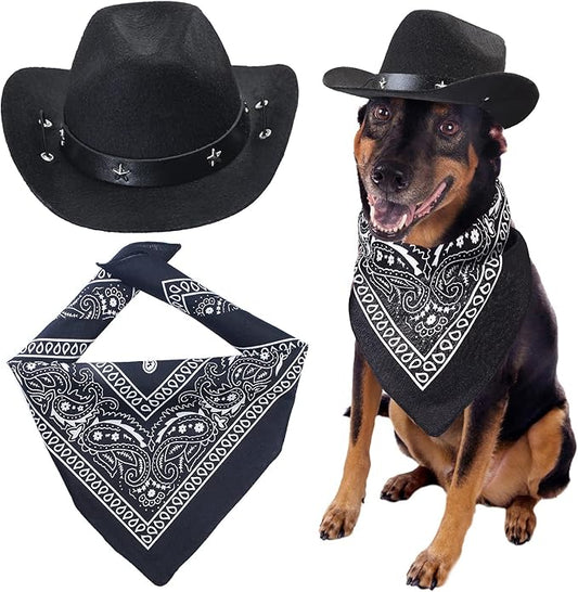 Yewong Pet Cowboy Costume Accessories - Dog Cat Pet Size Cowboy Hat and Bandana Scarf West Accessories for Puppy Kitten Party Festival and Daily Wearing Set of (Black Hat+Black Bandana)