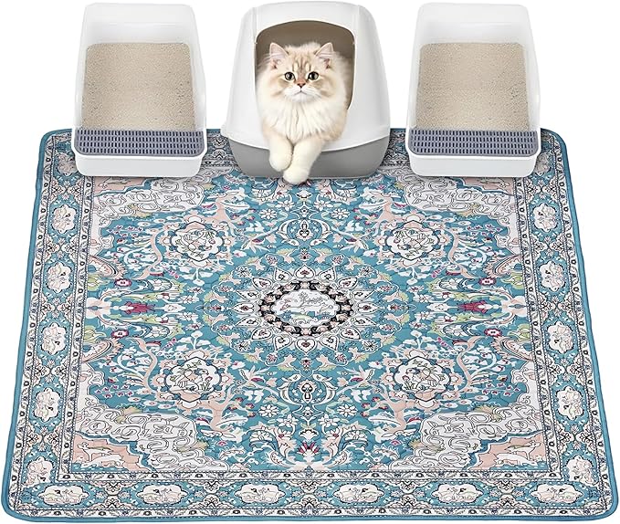 Cat Litter Mat, Reusable Kitty Litter Trapping Mat 2 PCs, 36"x36" Washable Litter Mats for Cats, Waterproof & Non-Slip Compatible with Cat Box (Lake Blue Medallion, 36"x36"(2 PCS))