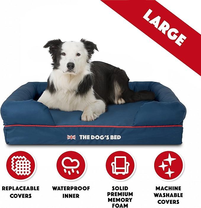 The Dog’s Bed Orthopedic Dog Bed Large Blue Oxford with Red Trim UK Flag Dog Bed Memory Foam, Pain Relief: Arthritis, Post Surgery, Lameness, Waterproof Washable Cover