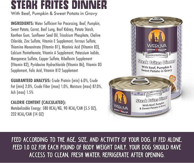 Weruva Classic Dog Food, Steak Frites with Beef, Pumpkin & Sweet Potato in Gravy, 5.5oz Can (Pack of 24)