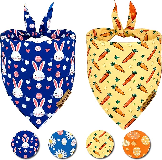 Easter Dog Bandanas 2 Pack, 4 Pattern Reversible Holiday Bandana for Boy and Girl, Premium Durable Fabric, Spring Triangle Scarf for Medium to X Large Breed Dogs (X-Large)