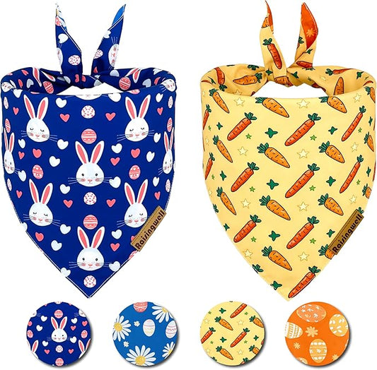 Easter Dog Bandanas 2 Pack, 4 Pattern Reversible Holiday Bandana for Boy and Girl, Premium Durable Fabric, Spring Triangle Scarf for Medium to X Large Breed Dogs (X-Large)