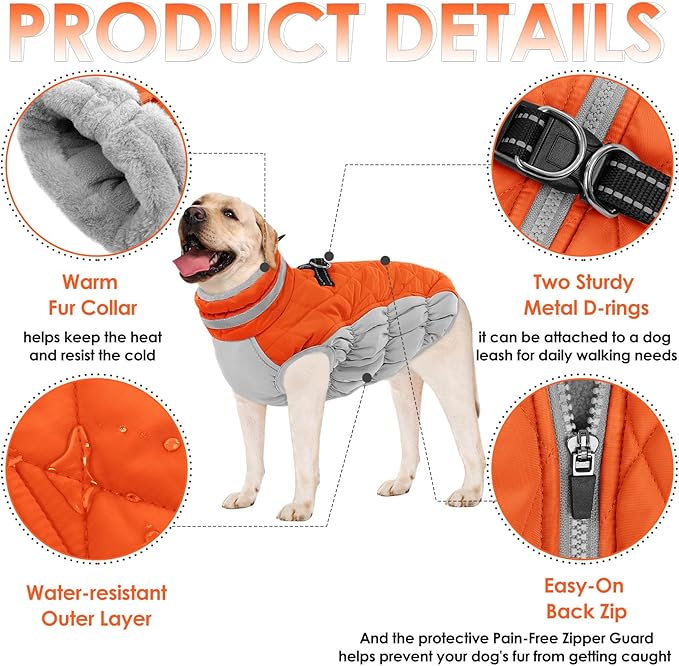 AOFITEE Dog Coat, Warm Dog Winter Coat for Small Dogs, Reflective Turtleneck Dogs Jacket with Harness Built in, Waterproof Windproof Pet Fleece Vest Snow Jacket for Cold Weather, Orange S