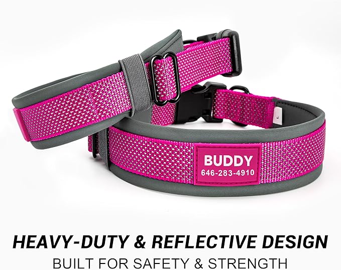 Personalized Dog Collar with Name & Phone Number - Durable Buckle, Ultra-Visible Fully Reflective, and Wide Comfort-Fit Padded Neoprene for Small, Medium, Large Dogs and Cats