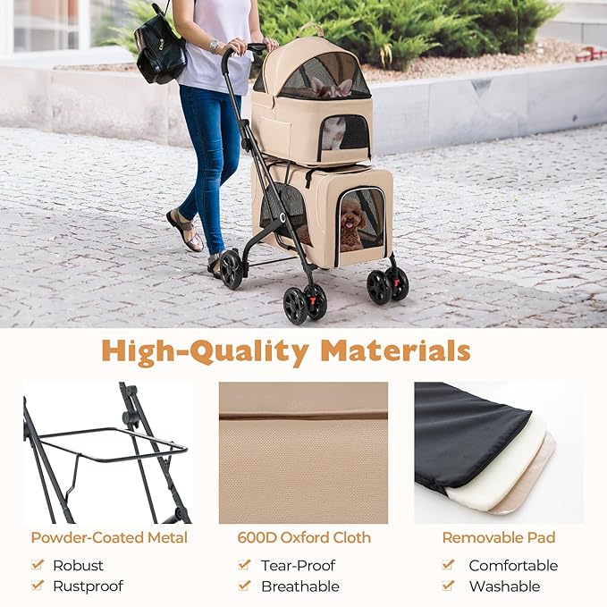 Giantex Double Dog Stroller for 2 Dogs, Detachable Carriers, Safety Belt, 4 Lockable Wheels, Pet Travel Carrier Strolling Cart, Folding Cat Stroller for Small Medium Pets Dogs (Beige)