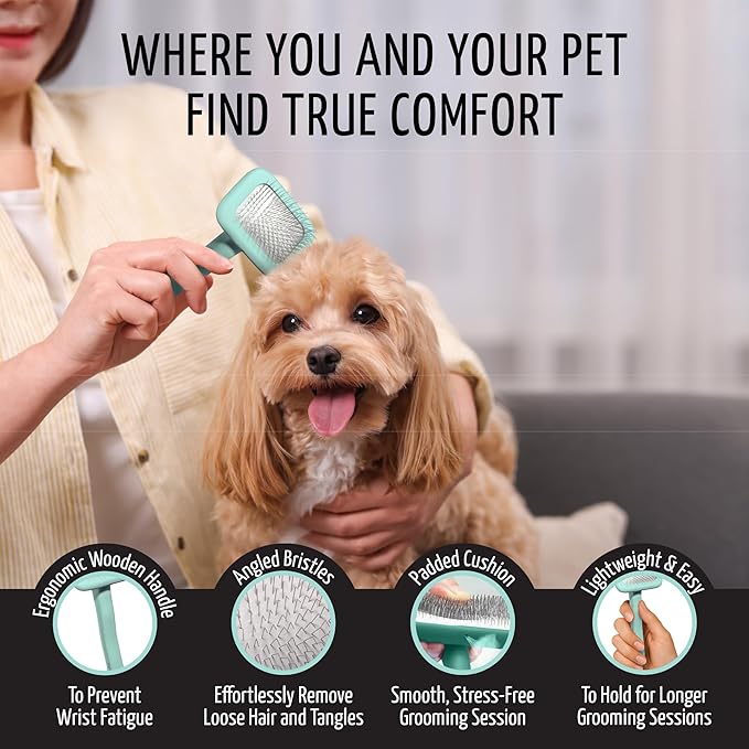 Tauro Pro Line Wooden Deshedding Dog Brush for Long Goldendoodle, Labradoodle & Poodle Hair - Mint Slicker Brush for Dog & Cat Grooming - Rectangular Flexible Cushion & Non-Slip Grip, S