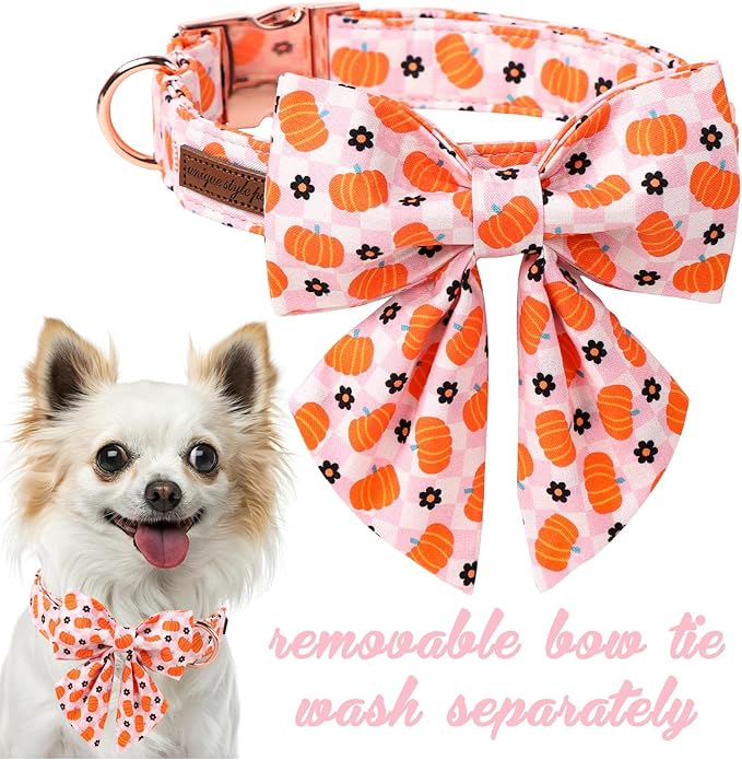 Unique Style Paws Halloween Day Dog Collar with Bowtie Pink Pumpkin Cotton Dog Collars for Small Medium Large Dogs
