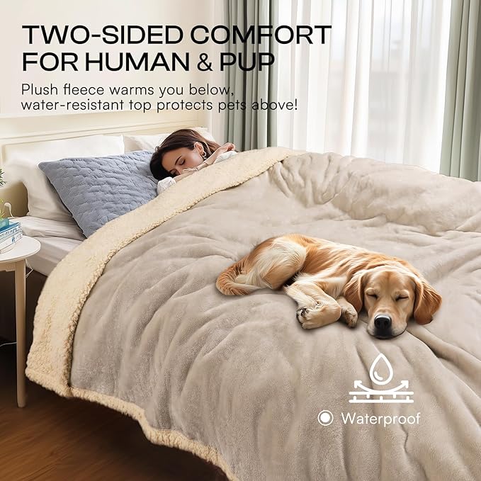 Waterproof Pet Blanket, Liquid Pee Proof Dog Blanket for Sofa Bed Couch, Reversible Sherpa Fleece Furniture Protector Cover for Small Medium Large Dogs Cats, Grey Beige Large（65" x 57"）