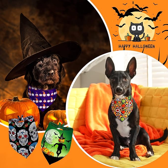 Newwiee 200 Pcs Halloween Dog Bandanas Bulk for Dogs Adjustable Triangle Bibs Scarf Halloween Pumpkin Bat Skull Ghost Spider Pet Costumes Scarf Holiday Accessories for Large Dog Puppy