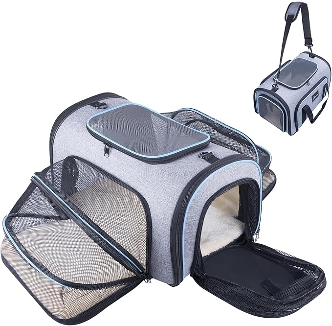 Siivton Pet Carrier Airline Approved, 4 Sides Expandable Cat Carrier Bag with Removable Fleece Pad, Large Soft Sided Pet Travel Carrier, Dog Carrier for Cats, Puppy and Small Dogs