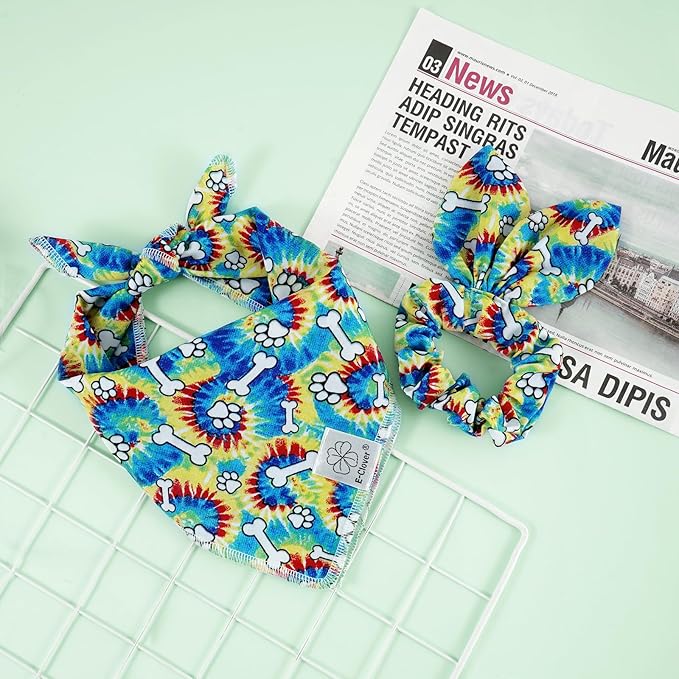 E-Clover Dog Bandanas Boy & Matching Scrunchie Set Girl Cute Rainbow Dog Scarf Bibs Pet Bandana with Bow Tie for Medium Large Dogs Owner Mom Pride