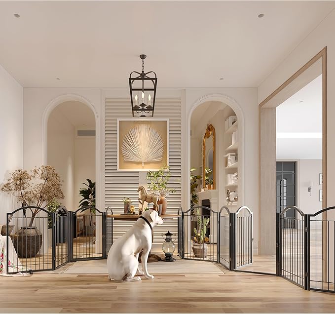 BHG Metal No-Assembly Freestanding Dog Gate with Door Walk Through, Extra Wide 96", Extra Tall 32" Pet Gate, Accordion Puppy Folding Playpen Dog Fence, with 2PCS Support (Black, 4 Panels)