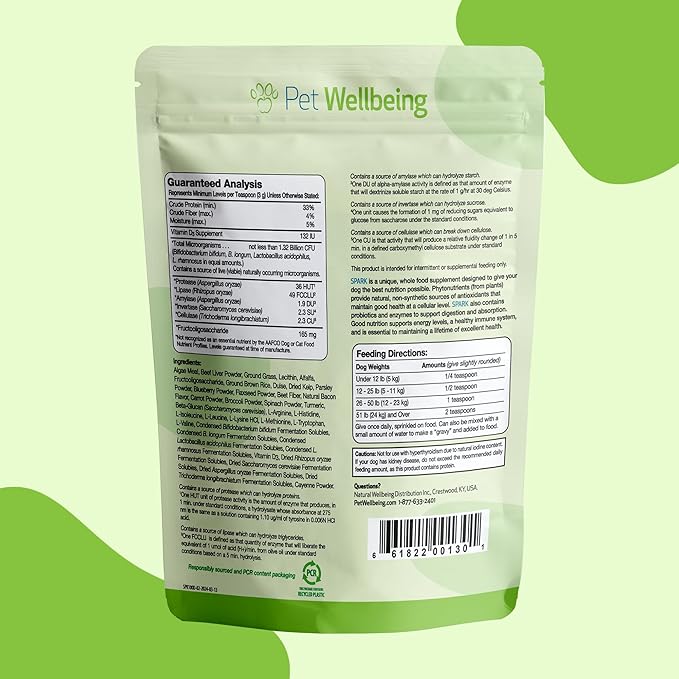 Pet Wellbeing Spark Daily Nutritional Greens Superfood for Dogs & Cats - Probiotics, Prebiotics, Digestive Enzymes, Amino Acids, Antioxidants, Vitamin D, Spirulina - Vet-Formulated 3.53 oz (100 g)